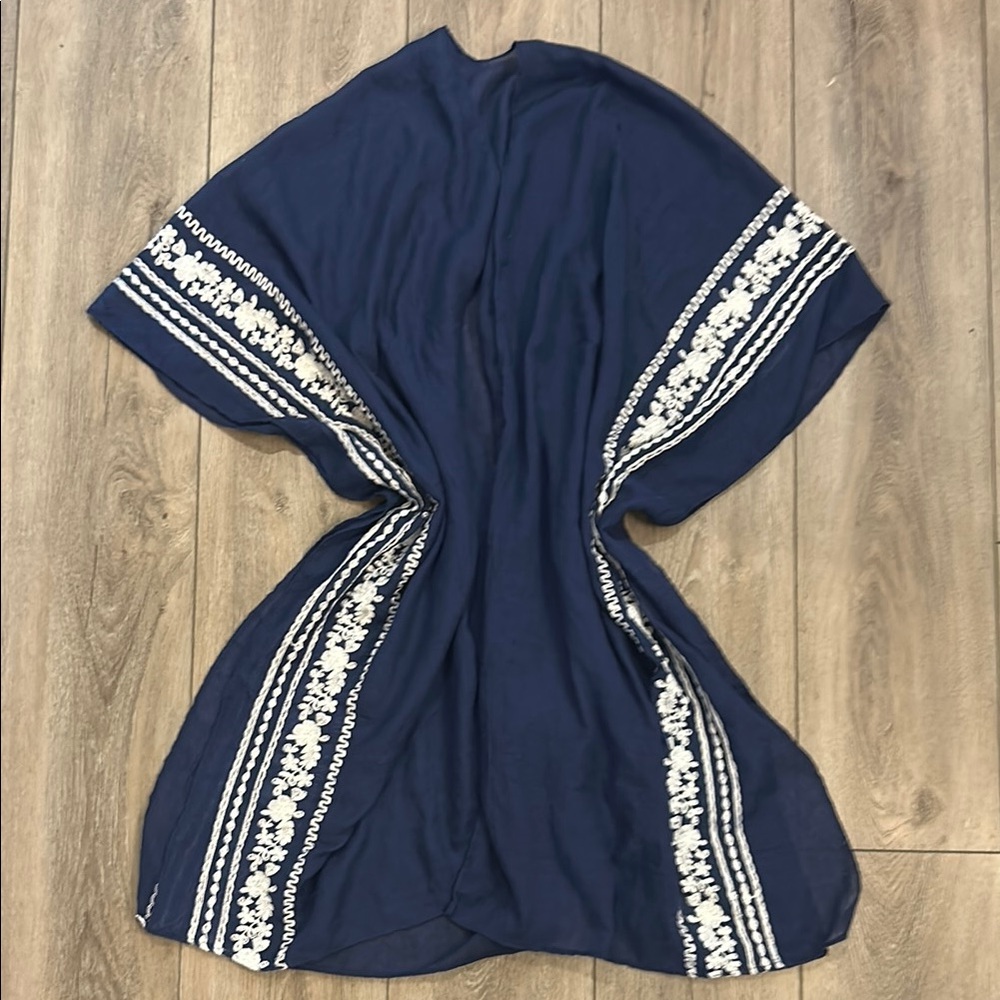 Navy Blue Open Kaftan Beach Coverup w/White Embroidery One Size - Anthropologie - Picture 1 of 5
